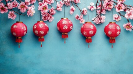 Fototapeta premium Festive Red Lanterns and Cherry Blossoms Chinese New Year Decoration
