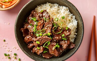 Korean bulgogi beef with sticky rice on a pastel background