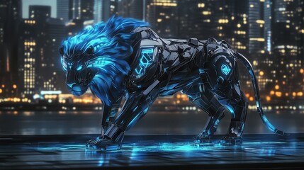Detroit lion-inspired artwork with futuristic metallic design, glowing blue mane, abstract geometry detailing its body, urban cityscape in the background, modern and sleek