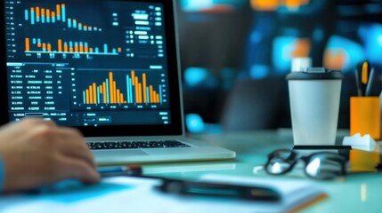 Data analysis action on business metrics office environment digital content tech workspace insightful viewpoint