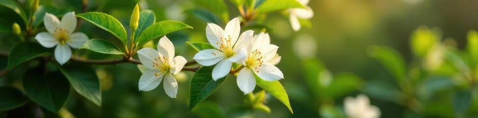 Obraz premium Delicate Abelia flowers bloom on a compact shrub, beige abelia flower, evergreen bush