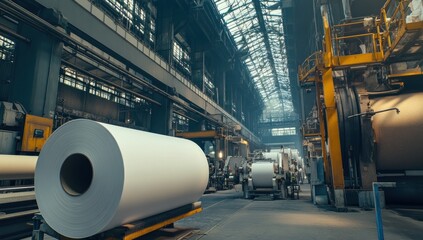 Industrial Paper Mill: Manufacturing Process of Paper Rolls in a Large Factory