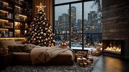 Luxurious bedroom with Christmas tree, fireplace, and city view.