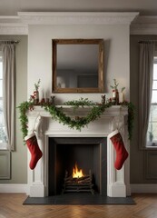 Decorated mantelpiece with stockings, holly berries, and mistletoe hanging from the ceiling, holiday season, festive decorations