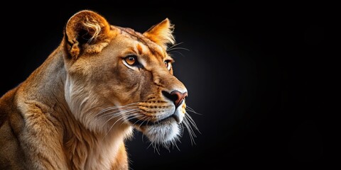 Obraz premium Majestic Lioness Profile: Close-up Side View on Black Background