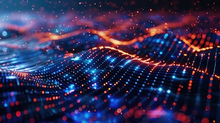 Obraz premium Abstract picture micro light sparkling particle represent data flow vivid flowing wave with high tech background, create digital effect scene perfect for energetic and fantasy wallpaper design. AIG53.