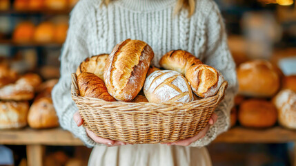 Baker Woman holding wicker basket full of fresh artisan bread in bakery. Concept of small business, local bakeries, artisan bread, and handcrafted food