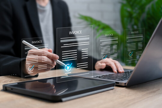 E-invoice and online digital statements technology concept, Businesswomen approved invoice with laptop, Digital online e-invoice, E-tax digital receipt, streamlining billing and payment processes