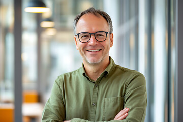 Obraz premium Portrait of confident happy rich middle aged business man leader of team,investor,professional Successful mature businessman standing arms crossed in office and wearing beautiful suit.chairman profile