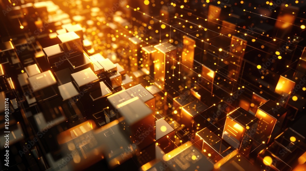 Poster Abstract picture micro particle in geometric shape represent data flow. Vivid flowing object with high tech fractal, create digital effect scene perfect for energetic, fantasy wallpaper design. AIG53.