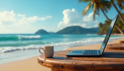 Laptop on Beach with Coffee Cup against Tropical Ocean Background