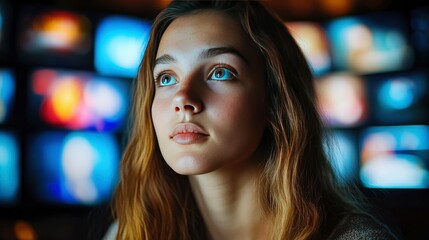 Young Woman Contemplating in Front of a Wall of Screens