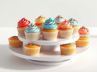 deliciously frosted cupcakes with colorful sprinkles and swirled frosting atop a tiered pedestal display,  dessert,  gourmet baking, cupcakes,  food styling
