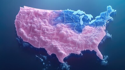 Abstract representation of the United States with colorful cloud patterns illustrating regions