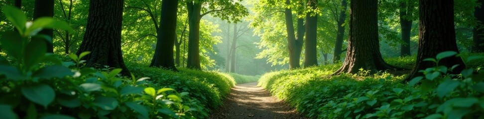 Obraz premium Dense foliage obstructs the path into the forest, dappled light, branches, sunlight filtering