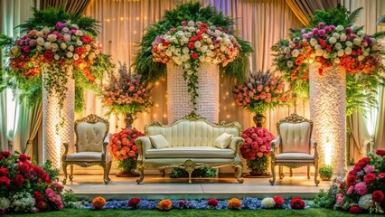 Majestic Malaysian Wedding Stage: Long Exposure Floral Decor & Chairs