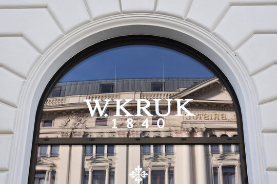 W.Kruk 1840 jevelry store signage, logo on the facade of historical building. WARSAW, POLAND - FEBRUARY 12, 2023