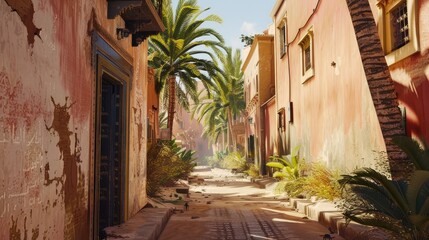 Sunlit alleyway lined with palm trees and weathered buildings, showcasing vibrant colors and a serene atmosphere