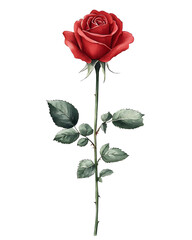 Fototapeta premium A delicate watercolor illustration of a single red rose on a long stem with lush green leaves.