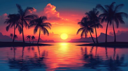 Tropical island sunset landscape, calm water reflection, dramatic colors, serene, peaceful, vacation, paradise