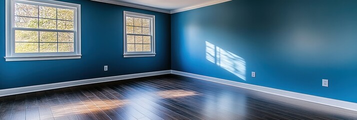 Empty Room with Blue Walls and Dark Hardwood Floor