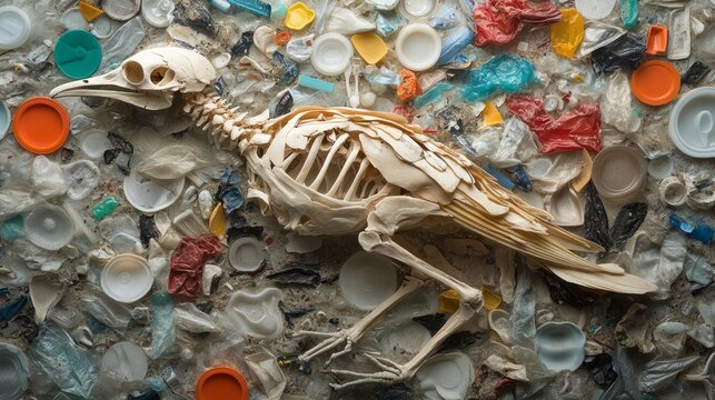 A bird's skeleton surrounded by colorful plastic waste shows pollution
