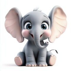 Baby elephant with oversized ears and a happy smile isolated on white