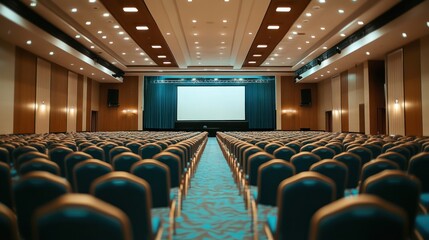 Empty conference hall, rows of chairs, large screen, event preparation