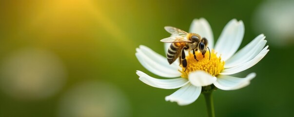 Obraz premium A bee collecting nectar from a single white flower, garden, wildflower