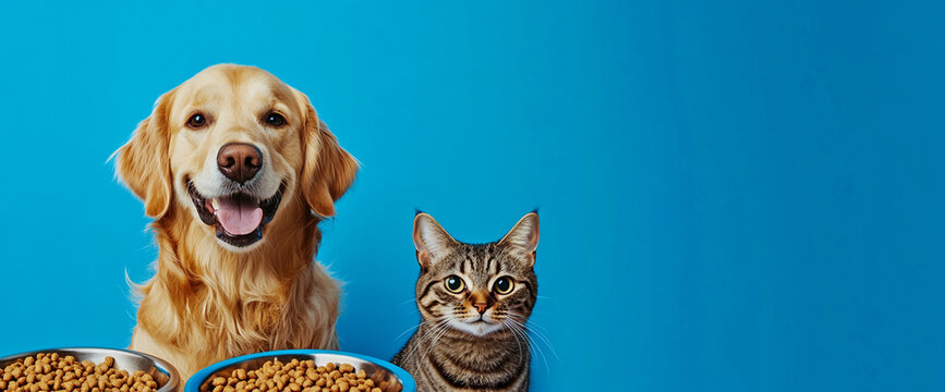 Close-up of a smiling golden retriever dog and a tabby cat next to their bowls filled with dry food, representing the friendship and companionship between pets.
