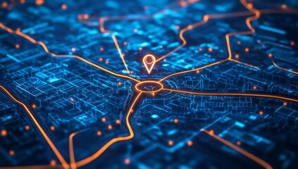 Digital city map navigation, glowing location pin, network background, GPS app