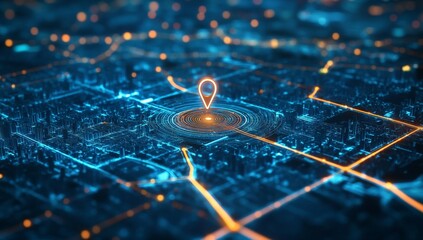 Glowing city map location pin, digital navigation