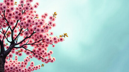 A tree with pink flowers is in the foreground of a blue background. The tree is surrounded by pink flowers, which give the scene a soft and delicate feel. The blue background adds a sense of calmness