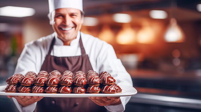 Pastry chef showcasing a tray of freshly made chocolate eclairs in a modern kitchen, highlighting culinary expertise and dessert craftsmanship