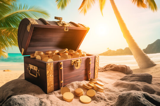 Wooden treasure chest full of gold coins buried in the sand of a tropical beach with palm trees and turquoise sea in the background
