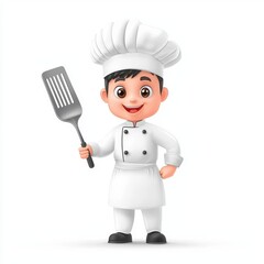Confident chef in a white uniform holding a spatula isolated on white