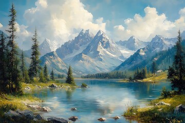 Serene Mountain Lake Landscape Painting