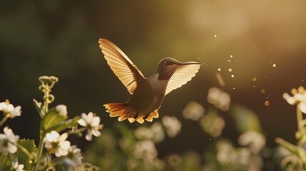 A hummingbird gracefully hovers among blooming flowers in a sunlit garden, showcasing nature's beauty and tranquility