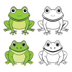 "Cute Cartoon Frogs: Colorful and Black-and-White Frog Illustrations for Kids"