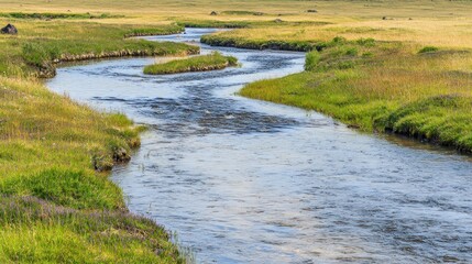 Naklejka premium Winding stream through grassy highland meadow