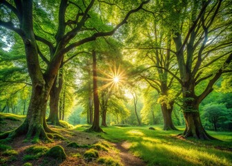 Fototapeta premium Majestic Panoramic View of Ancient Forest Trees at Golden Hour