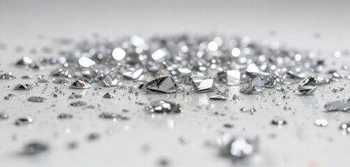 Fine silver glitters floating on a clean white background with subtle shimmer, shimmering particles, powdery sparkle, delicate shine