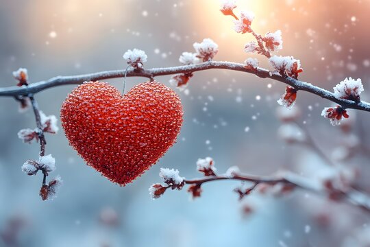 Winter Romance Heart Ornament on Snowy Branch for Valentine's Day Decor