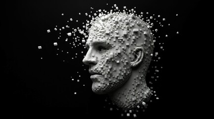 Pixelated male face composed of cubes, abstract voxel design, neutral grayscale tones, fragmented structure, thoughtful expression, futuristic digital abstraction, high-tech art style.