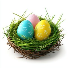 Obraz premium Colorful Easter eggs in a grassy nest isolated on white