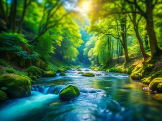 Majestic River Flowing Through Lush Green Forest - Tilt-Shift Photography