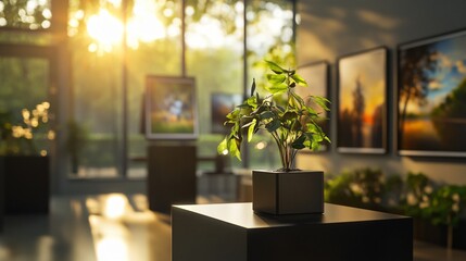 modern interior featuring a plant in a square pot on a table, with sunlight streaming through a window and art on the wall.