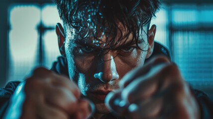 Intense close-up of a focused athlete preparing for a boxing match in a dimly lit gym with motivational elements