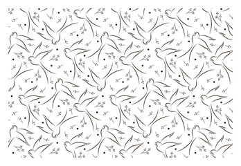 Pattern with swallows in flight with twigs. Swallow flying in doodle style.
