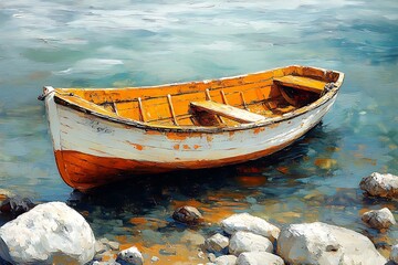 Obraz premium Peaceful, weathered boat resting on tranquil water's edge